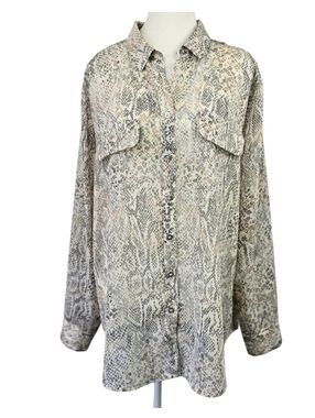 Chico’s Snake Print Blouse Women’s Size 3 (16/18) Beige Gray Button Front Top
